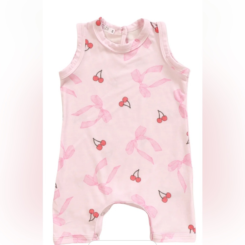 Cozii Pink Bows & Cherries Sleeveless Coverall with Snaps, 6-12 Months NWT
